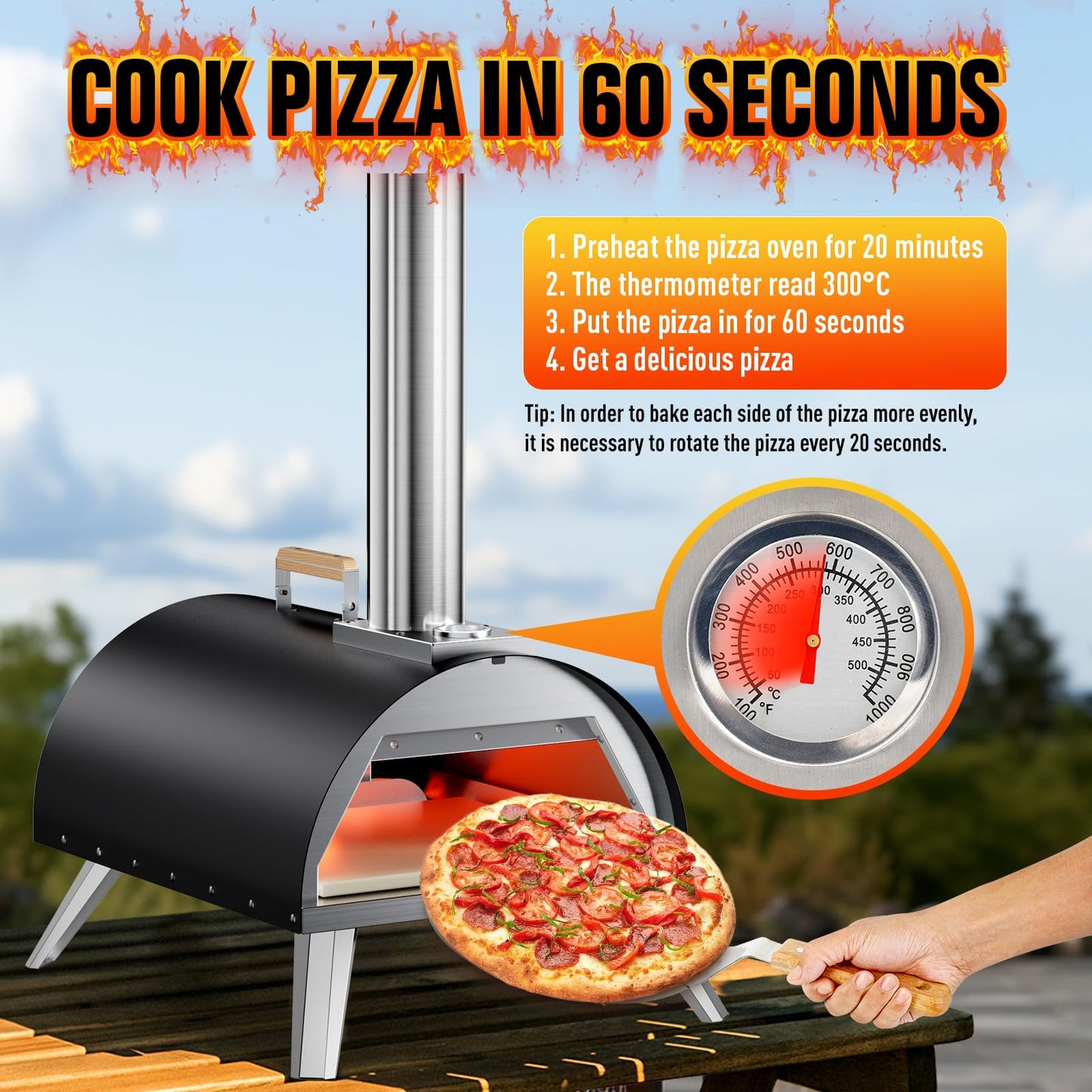 Multi-Fuel Pizza Oven Outdoor, 12" Portable Wood and Gas Fired Pizza Oven with Thermometer,Gas Hose & Pizza Stone,Heats up to 1000°F,Stainless Steel Pizza Oven for Backyard or Camping (Black) - CookCave