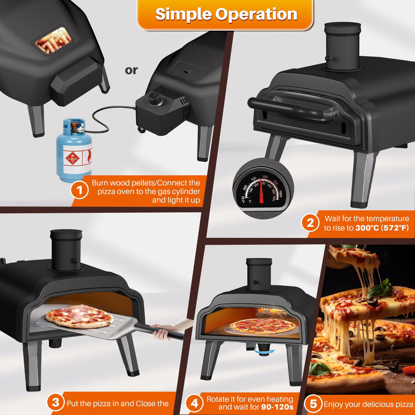Multi-Fuel Pizza Oven Outdoor,12" Wood Fire & Propane Pizza Oven, Portable Rotating Pellet Gas Pizza Maker for Grill with Thermometer,Dual Fuel Stainless Steel Pizza Maker for Backyard Camping - CookCave