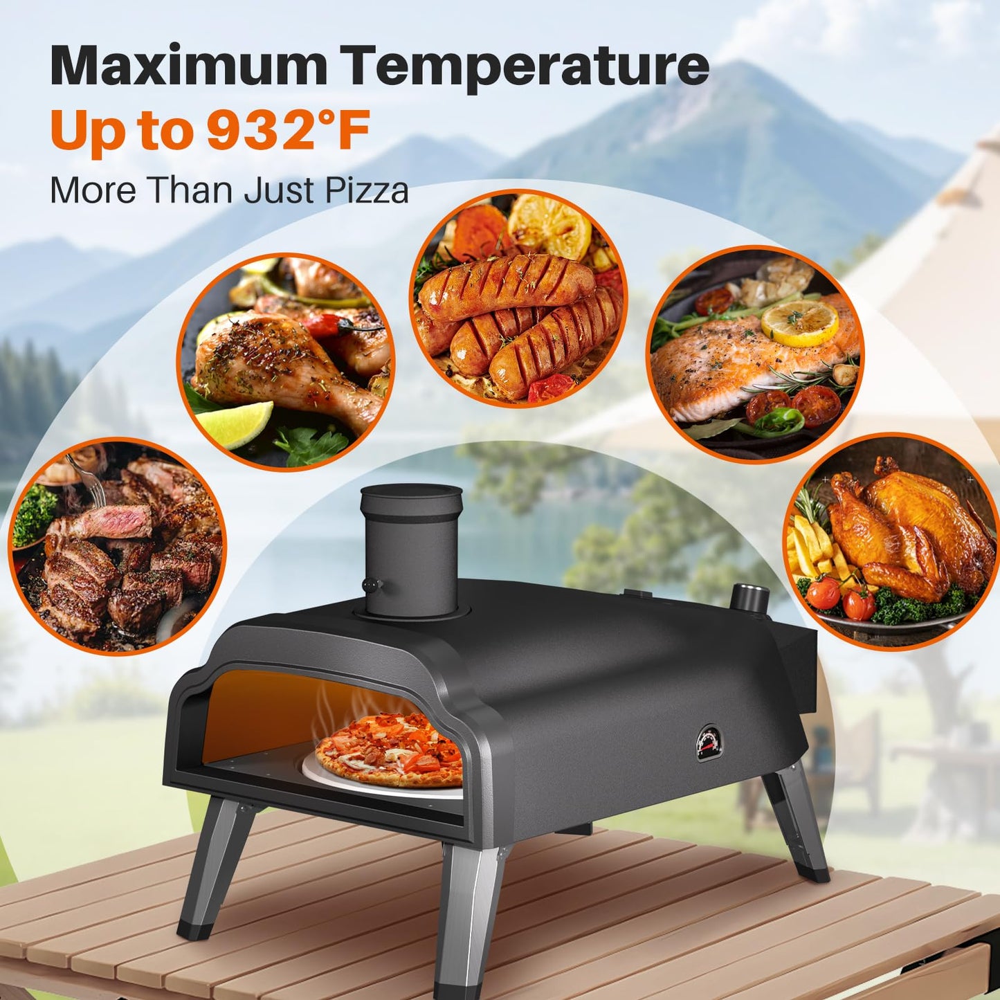 Multi-Fuel Pizza Oven Outdoor,12" Wood Fire & Propane Pizza Oven, Portable Rotating Pellet Gas Pizza Maker for Grill with Thermometer,Dual Fuel Stainless Steel Pizza Maker for Backyard Camping - CookCave
