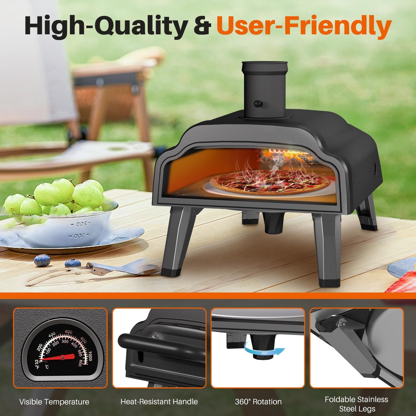 Multi-Fuel Pizza Oven Outdoor,12" Wood Fire & Propane Pizza Oven, Portable Rotating Pellet Gas Pizza Maker for Grill with Thermometer,Dual Fuel Stainless Steel Pizza Maker for Backyard Camping - CookCave
