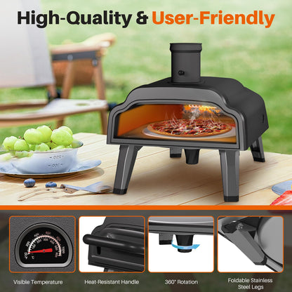 Multi-Fuel Pizza Oven Outdoor,12" Wood Fire & Propane Pizza Oven, Portable Rotating Pellet Gas Pizza Maker for Grill with Thermometer,Dual Fuel Stainless Steel Pizza Maker for Backyard Camping - CookCave