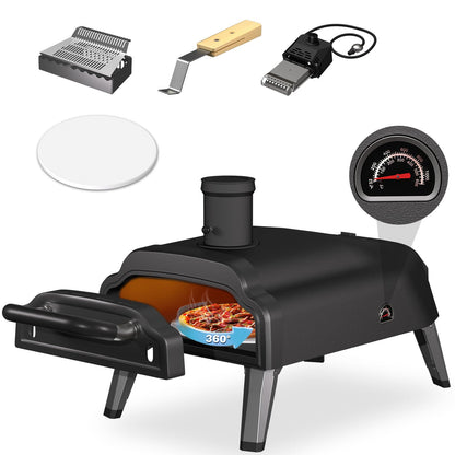 Multi-Fuel Pizza Oven Outdoor,12" Wood Fire & Propane Pizza Oven, Portable Rotating Pellet Gas Pizza Maker for Grill with Thermometer,Dual Fuel Stainless Steel Pizza Maker for Backyard Camping - CookCave