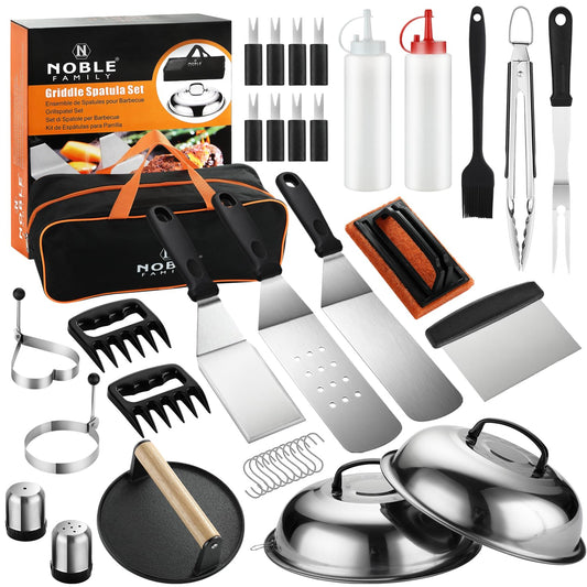 N NOBLE FAMILY 38PCS Griddle Accessories Kit, Professional Grill Tools Set for Outdoor Barbecue, Stainless Steel Griddle Spatula Set with Tongs, Smash Burger Press, Carry Bag, Perfect Grilling Gifts - CookCave