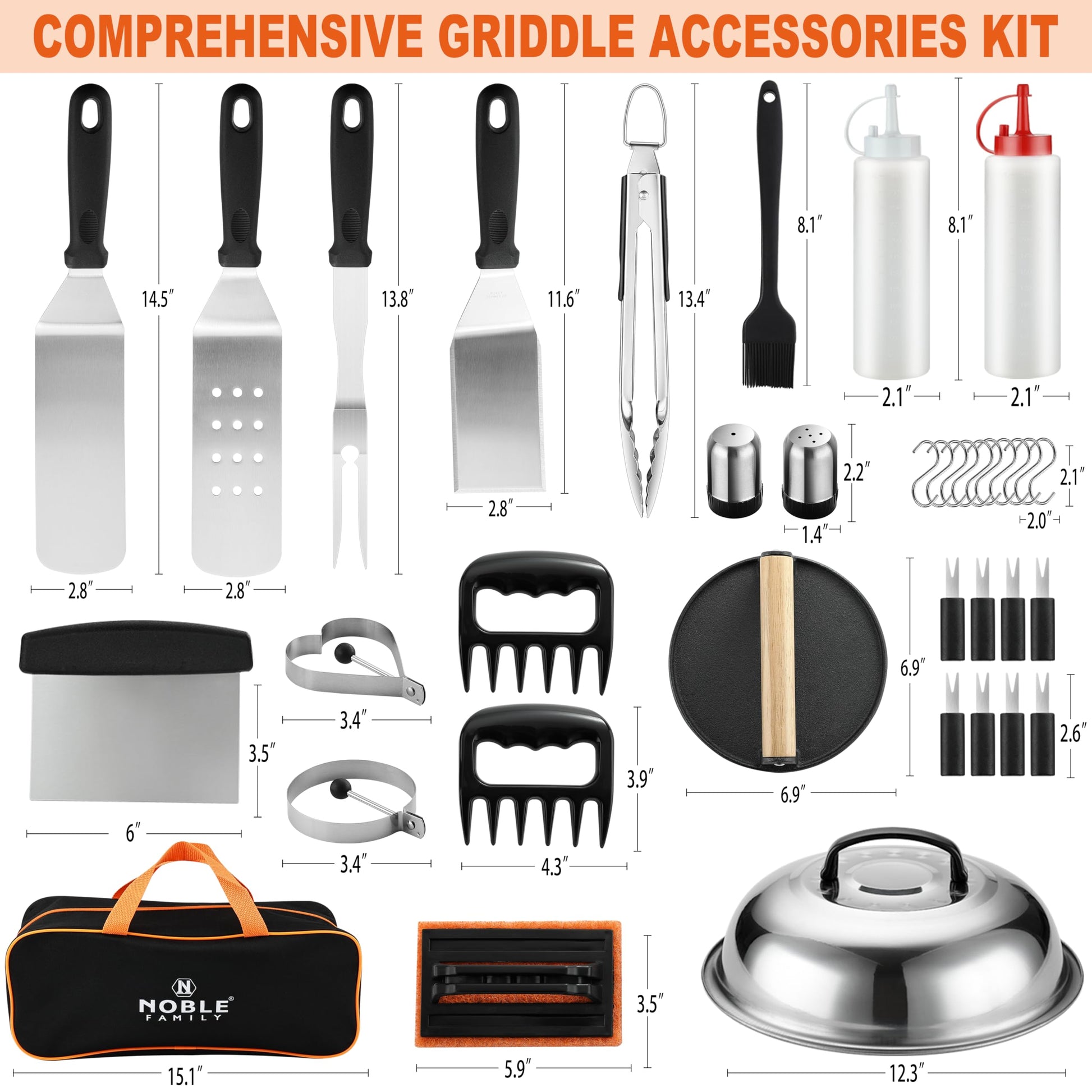 N NOBLE FAMILY 38PCS Griddle Accessories Kit, Professional Grill Tools Set for Outdoor Barbecue, Stainless Steel Griddle Spatula Set with Tongs, Smash Burger Press, Carry Bag, Perfect Grilling Gifts - CookCave