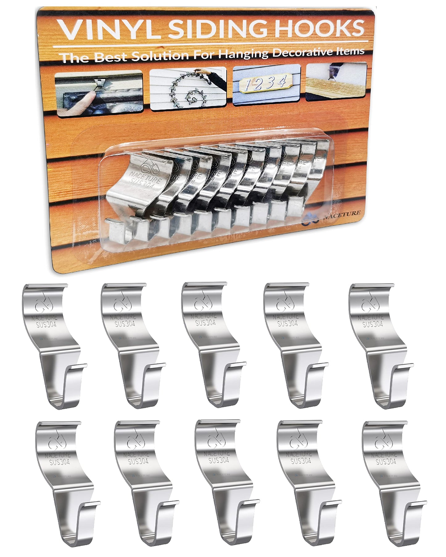NACETURE Vinyl Siding Hooks Hanger (10 Pack) | No Drill Vinyl Hooks for Hanging Outdoor Decor, Sliver - CookCave