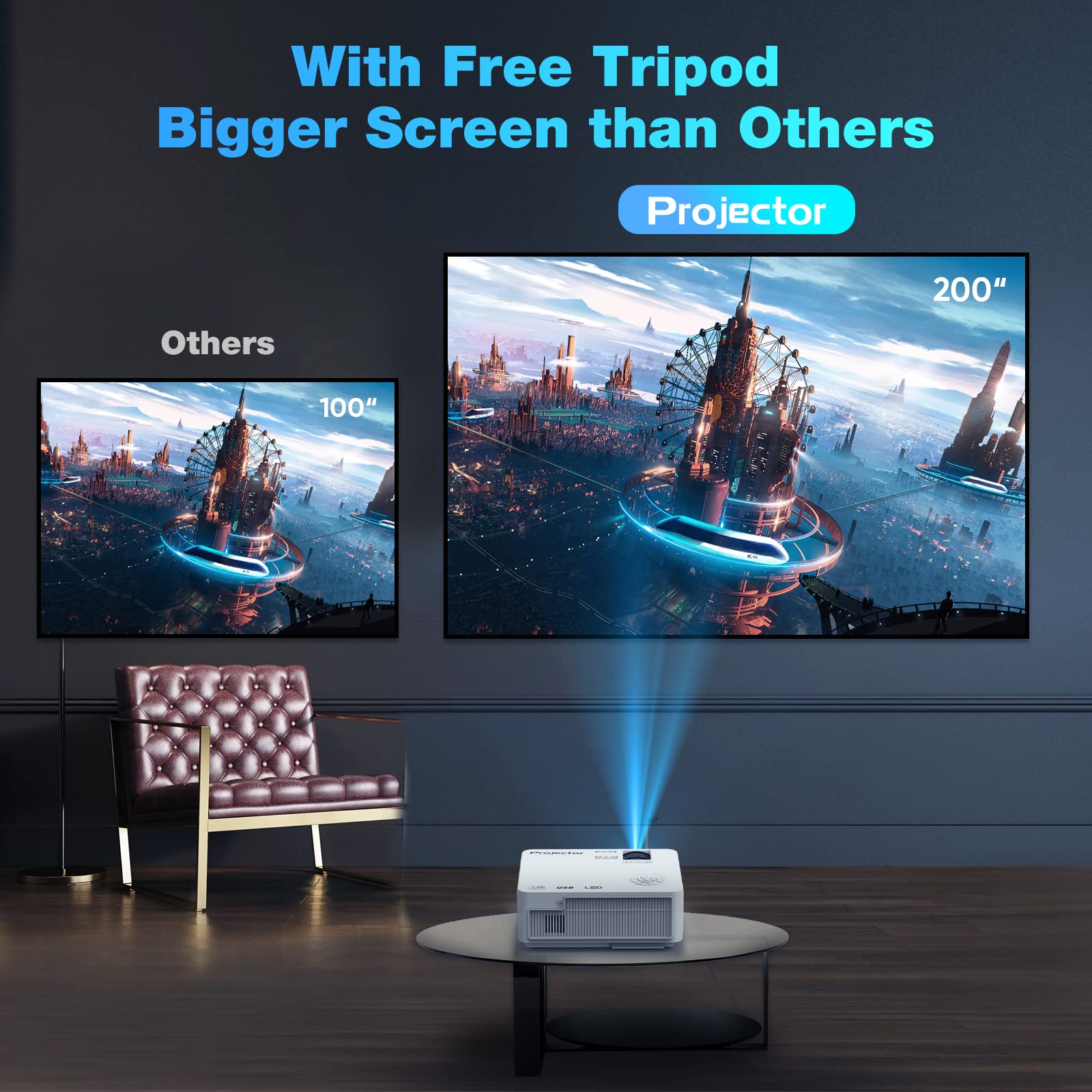 Native 1080P Projector with 5G WiFi Bluetooth and Tripod, 4K Supported Portable Home and Outdoor Movie Projector, Max 300" Display, Compatible with TV Stick, HDMI, Phone - CookCave