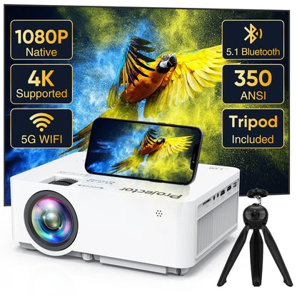 Native 1080P Projector with 5G WiFi Bluetooth and Tripod, 4K Supported Portable Home and Outdoor Movie Projector, Max 300" Display, Compatible with TV Stick, HDMI, Phone - CookCave