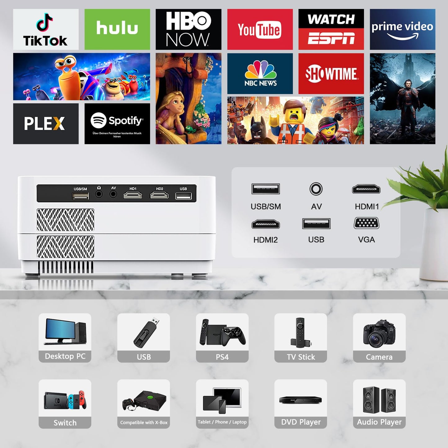 Native 1080P Projector with WiFi and Two-Way Bluetooth, Full HD Movie Projector for Outdoor Movies, 300" Display Projector 4k Home Theater, Compatible with iOS/Android/PC/XBox/PS4/TV Stick/HDMI/USB - CookCave