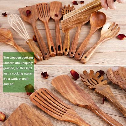Natural Teak Wood Kitchen Utensils with Spatula and Ladle (10) - CookCave