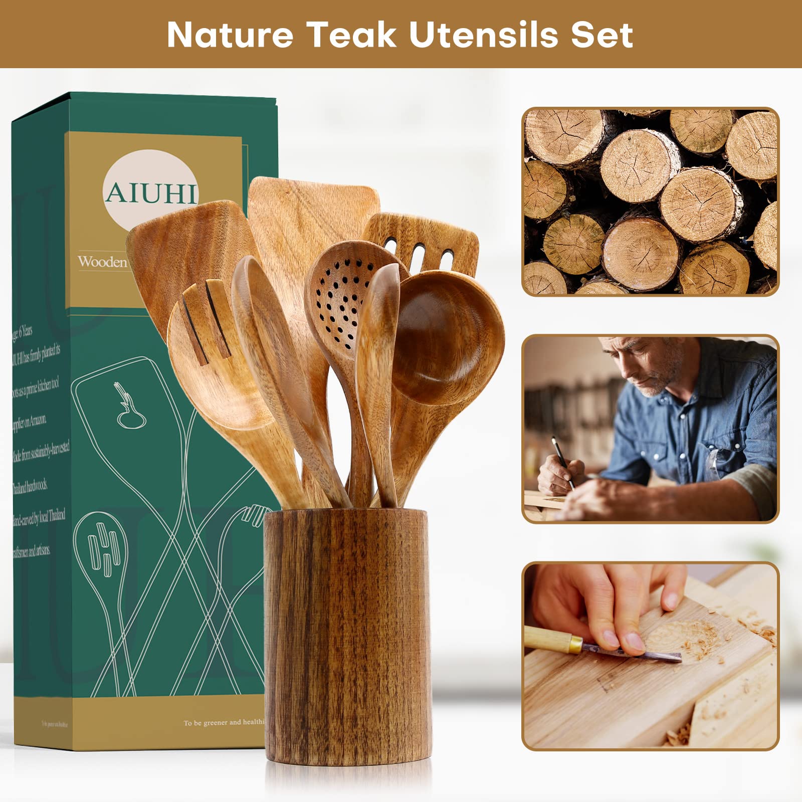 Natural Teak Wood Kitchen Utensils with Spatula and Ladle (10) - CookCave