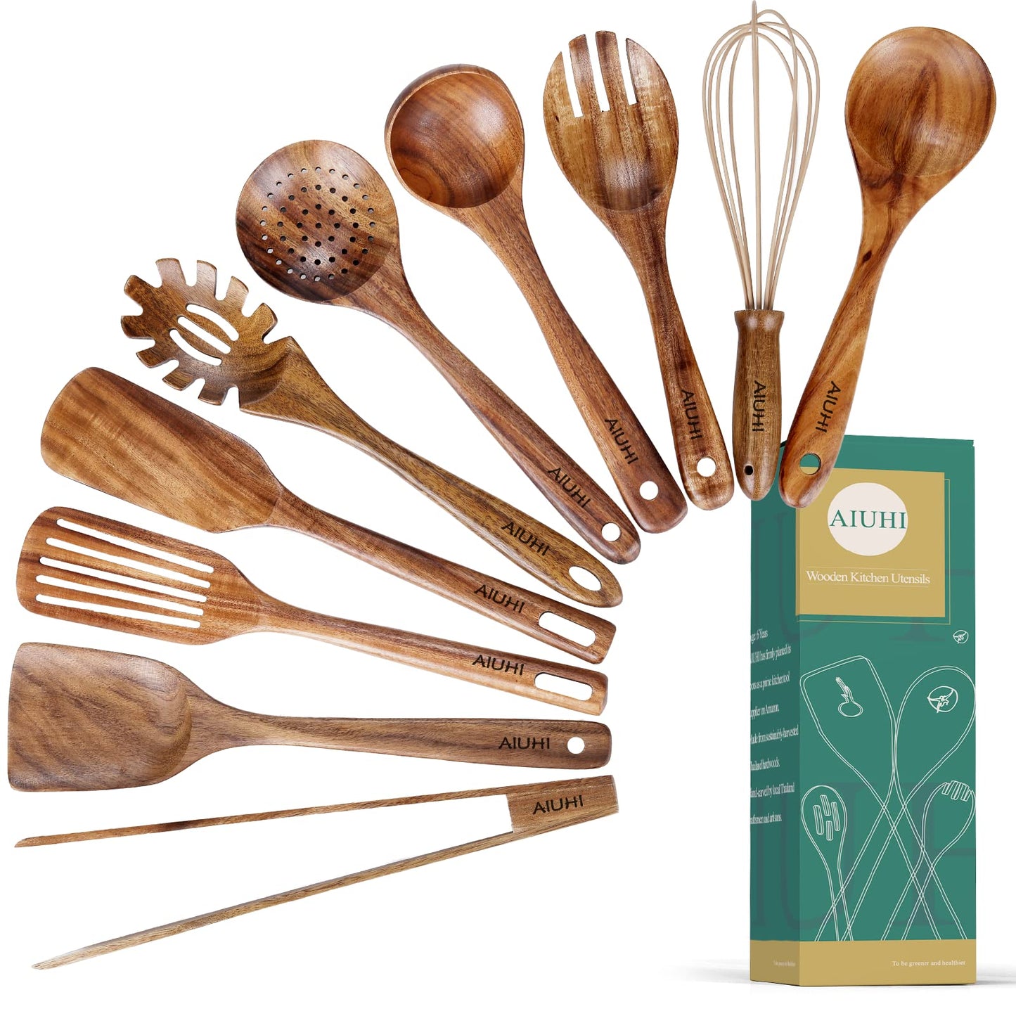Natural Teak Wood Kitchen Utensils with Spatula and Ladle (10) - CookCave