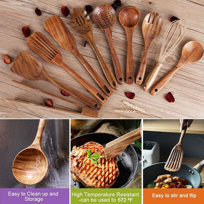 Natural Teak Wood Kitchen Utensils with Spatula and Ladle (10) - CookCave