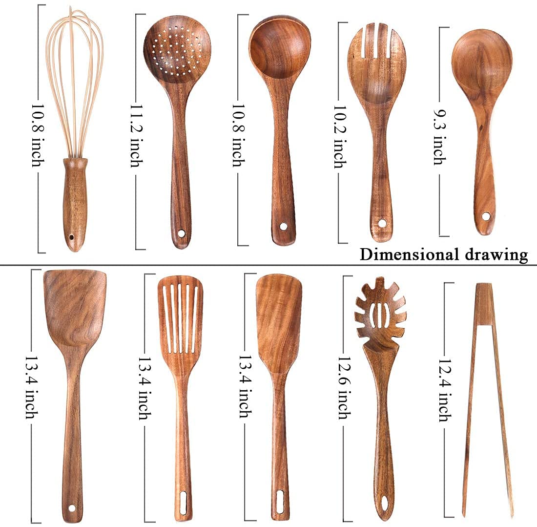 Natural Teak Wood Kitchen Utensils with Spatula and Ladle (10) - CookCave