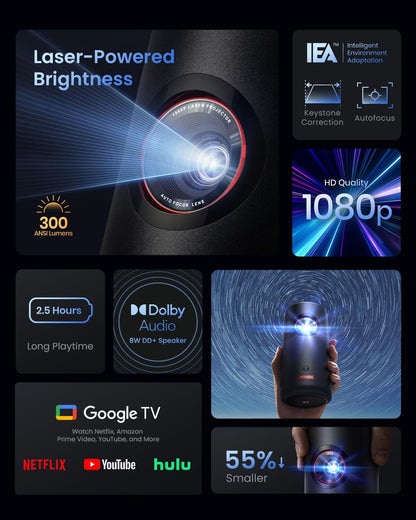 NEBULA Capsule 3 Laser Projector, Upgraded with Google TV and Official Netflix, Mini Smart TV Projector with Wi-Fi, Outdoor Portable Projector, Dolby Digital, 120-Inch Screen, 2.5H Built-In Battery - CookCave