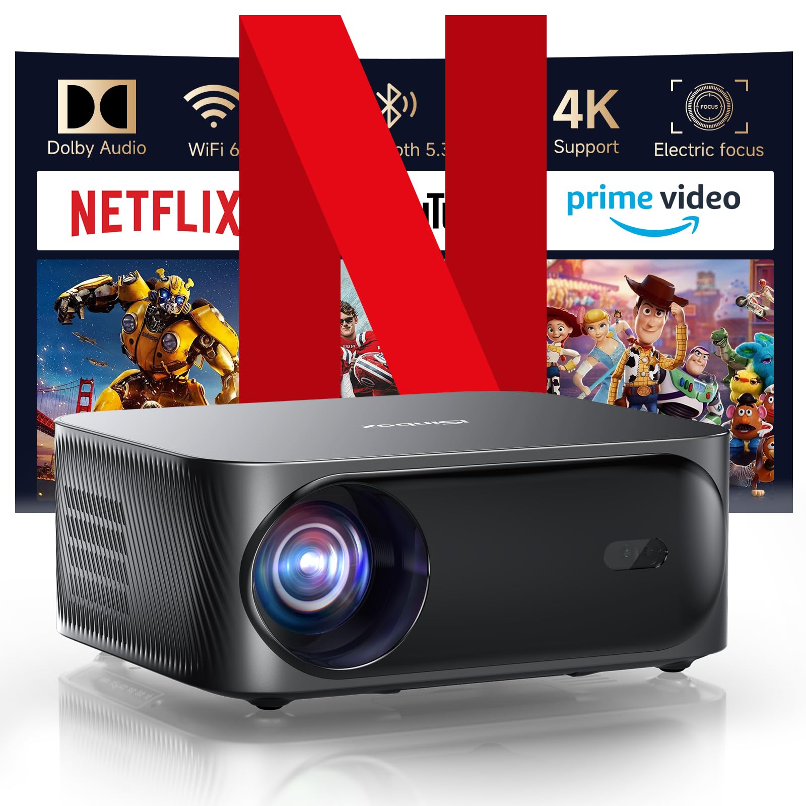 [Netflix-Licensed/Dolby Audio]Outdoor Projector with Wifi 6 and Bluetooth, iSinbox 1080P Native 800ANSI Portable Movie Projector, Built-in Netflix/YouTube/PrimeVideo, Electric Focus Smart Projector - CookCave