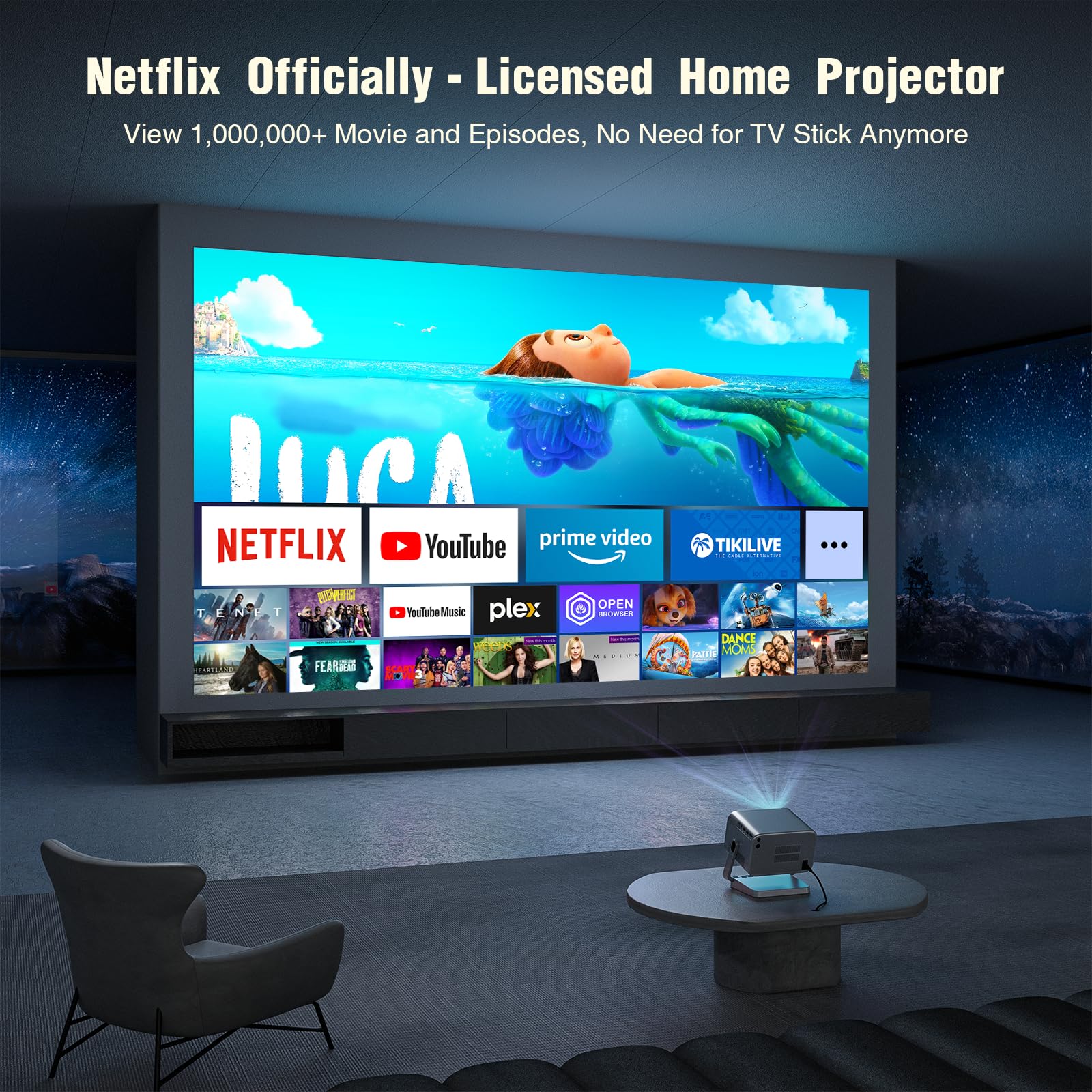 [Netflix Officially & Auto Focus] VOPLLS 4K Projector with WiFi and Bluetooth, 3D Stereo Sound & Auto Keystone Video Projector, Outdoor Movie Projector, 50% Zoom, MAX 300''Display (Grey) - CookCave