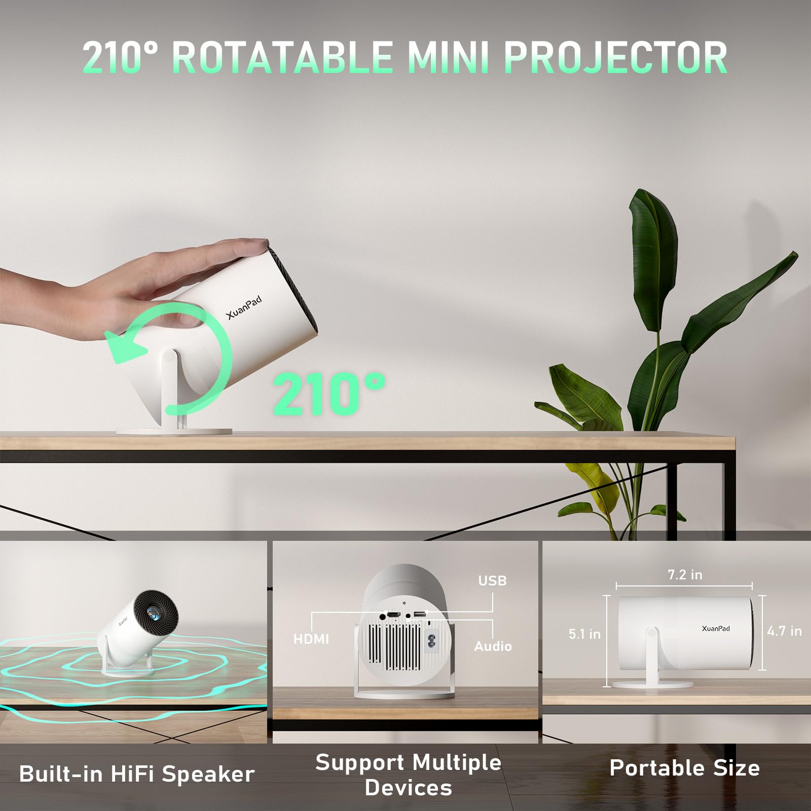 [Netflix Officially & Electric Focus] Projector with WiFi and Bluetooth, XuanPad Full HD 1080P Portable Projector, 210° Rotatable Stand, Auto Keystone, Dust Removal and Heat Dissipation Design - CookCave