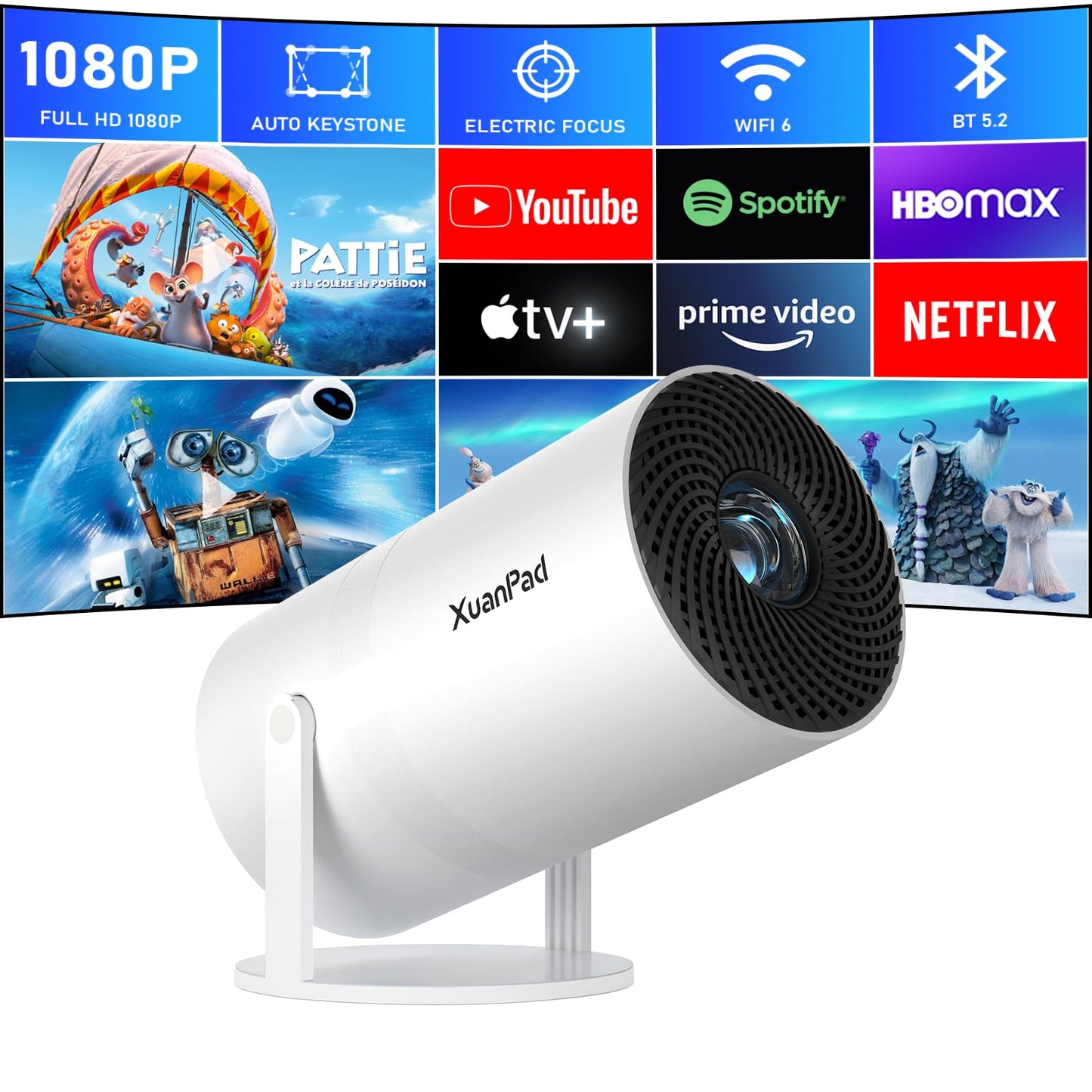 [Netflix Officially & Electric Focus] Projector with WiFi and Bluetooth, XuanPad Full HD 1080P Portable Projector, 210° Rotatable Stand, Auto Keystone, Dust Removal and Heat Dissipation Design - CookCave