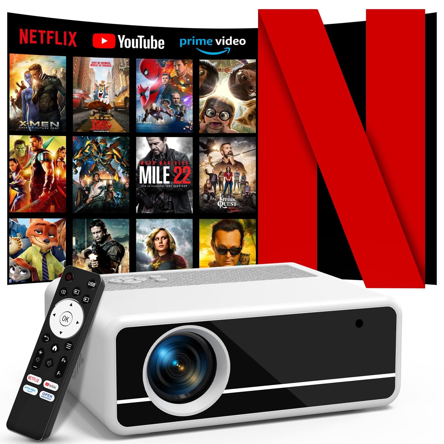 Netflix-Officially-Licensed PANSEBA 4K Smart Projector with WiFi and Bluetooth, Outdoor Projector with Auto Keystone, Portable Movie projector with 2S Focus, Home Projector for Game/Phone/Laptop - CookCave