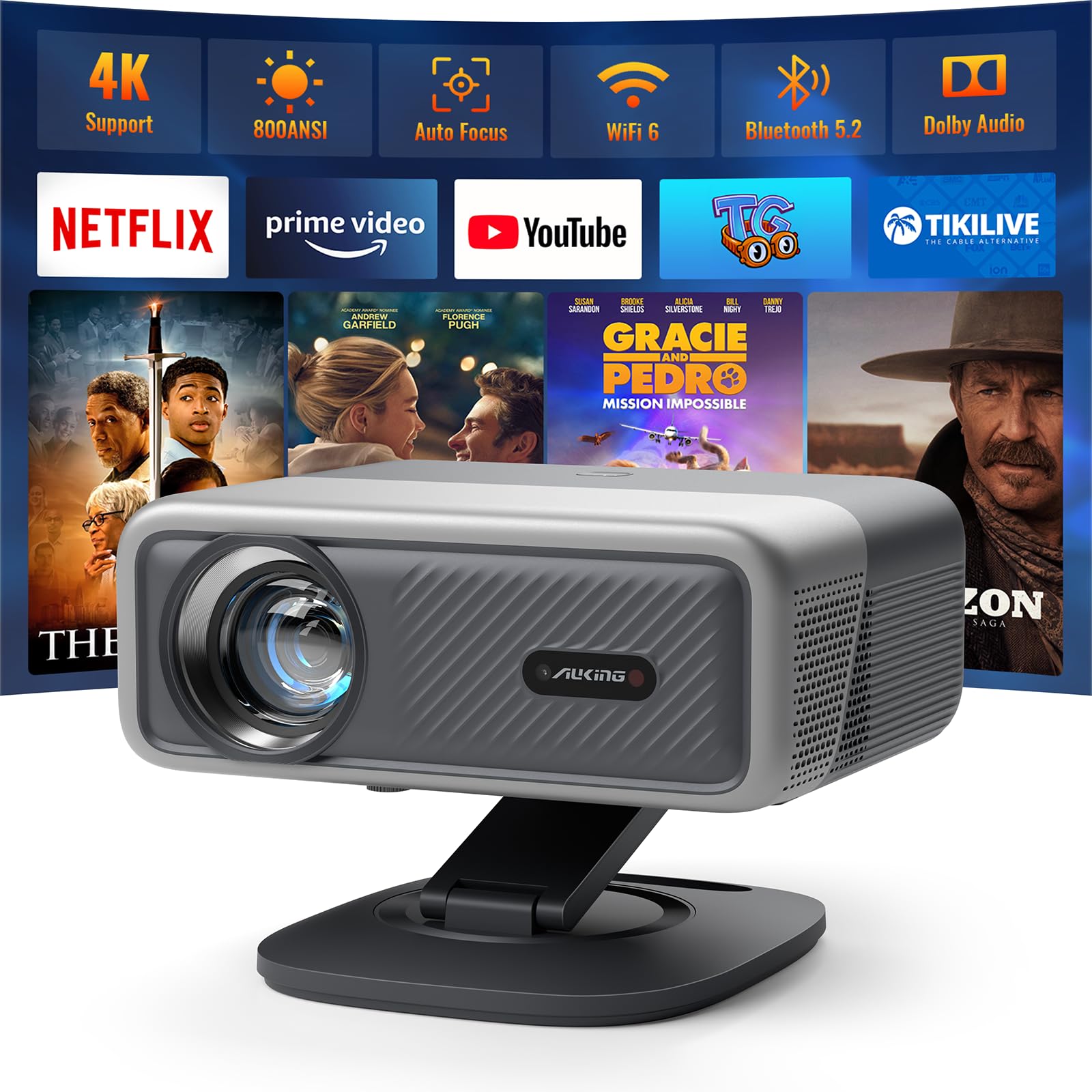 [Netflix Officially&AI Auto Focus]AuKing Smart Projector with Wifi and Bluetooth,Auto Focus&Keystone Projector4K,3D DoIby Audio, 1200ANSI Outdoor Projector with Omnidirectional Rotating Stand(Grey) - CookCave