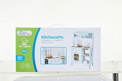 New Classic Toys Blue Wooden Pretend Play Toy Kitchen for Kids with Role Play Bon Appetit Electric Cooking Included Accesoires Makes Sound - CookCave