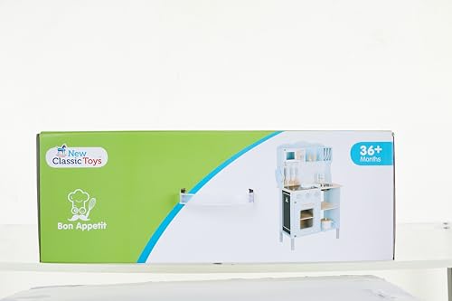 New Classic Toys Blue Wooden Pretend Play Toy Kitchen for Kids with Role Play Bon Appetit Electric Cooking Included Accesoires Makes Sound - CookCave