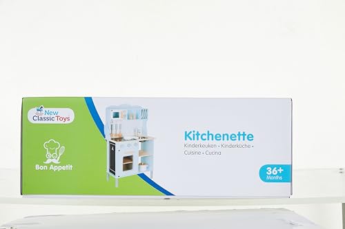 New Classic Toys Blue Wooden Pretend Play Toy Kitchen for Kids with Role Play Bon Appetit Electric Cooking Included Accesoires Makes Sound - CookCave