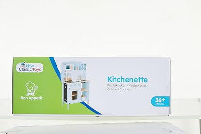 New Classic Toys Blue Wooden Pretend Play Toy Kitchen for Kids with Role Play Bon Appetit Electric Cooking Included Accesoires Makes Sound - CookCave