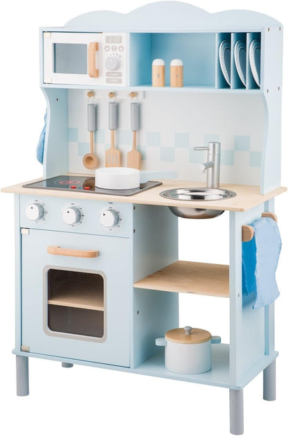 New Classic Toys Blue Wooden Pretend Play Toy Kitchen for Kids with Role Play Bon Appetit Electric Cooking Included Accesoires Makes Sound - CookCave