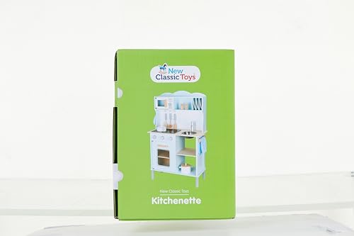 New Classic Toys Blue Wooden Pretend Play Toy Kitchen for Kids with Role Play Bon Appetit Electric Cooking Included Accesoires Makes Sound - CookCave