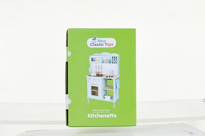 New Classic Toys Blue Wooden Pretend Play Toy Kitchen for Kids with Role Play Bon Appetit Electric Cooking Included Accesoires Makes Sound - CookCave