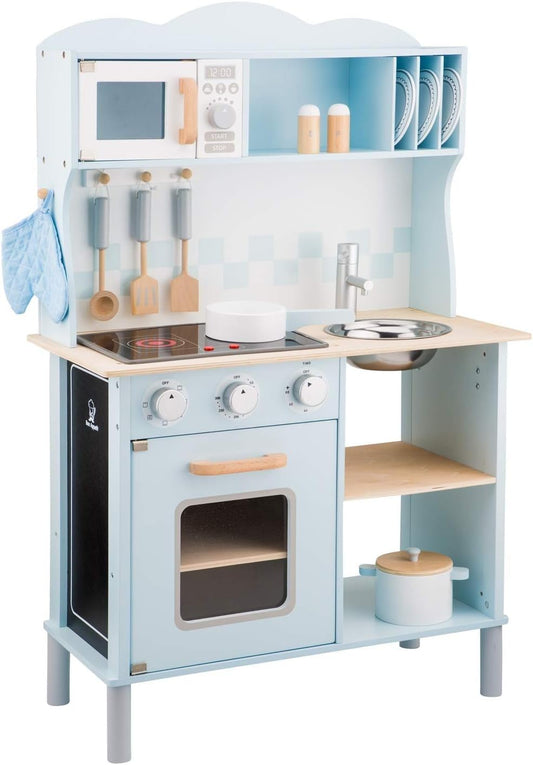 New Classic Toys Blue Wooden Pretend Play Toy Kitchen for Kids with Role Play Bon Appetit Electric Cooking Included Accesoires Makes Sound - CookCave