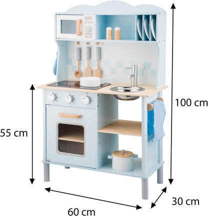 New Classic Toys Blue Wooden Pretend Play Toy Kitchen for Kids with Role Play Bon Appetit Electric Cooking Included Accesoires Makes Sound - CookCave