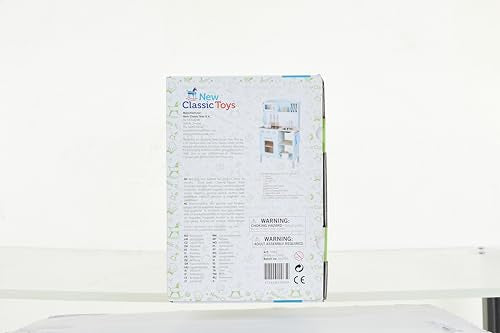 New Classic Toys Blue Wooden Pretend Play Toy Kitchen for Kids with Role Play Bon Appetit Electric Cooking Included Accesoires Makes Sound - CookCave