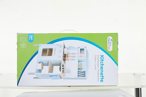 New Classic Toys Blue Wooden Pretend Play Toy Kitchen for Kids with Role Play Bon Appetit Electric Cooking Included Accesoires Makes Sound - CookCave