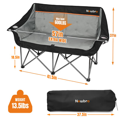 Newbro Oversized Double Camping Chair for Adults, Fully Padded Folding Camping Chairs Loveseat, Big Heavy Duty Outdoor Patio Lawn Chair with Arm Cup Holder - CookCave
