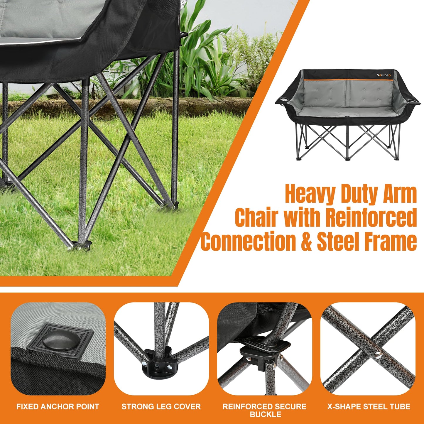Newbro Oversized Double Camping Chair for Adults, Fully Padded Folding Camping Chairs Loveseat, Big Heavy Duty Outdoor Patio Lawn Chair with Arm Cup Holder - CookCave