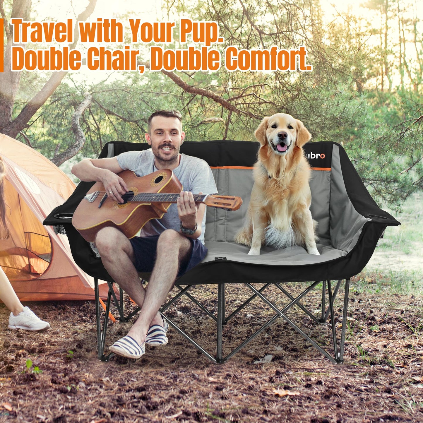 Newbro Oversized Double Camping Chair for Adults, Fully Padded Folding Camping Chairs Loveseat, Big Heavy Duty Outdoor Patio Lawn Chair with Arm Cup Holder - CookCave