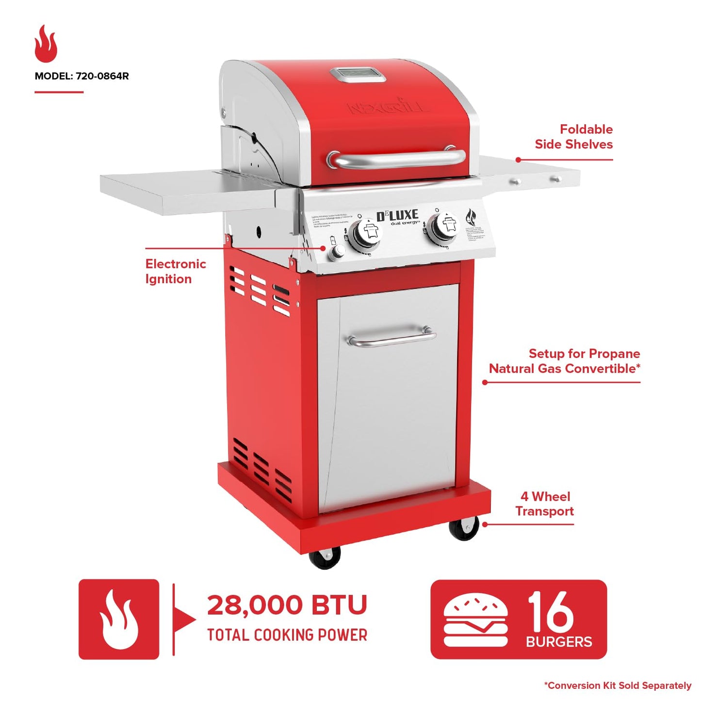 Nexgrill Deluxe 2-Burner Gas Grill with 401 SQ In Grate, 28000 BTUs, Stainless Steel Control Panel & Foldable Side Table, Propane BBQ Grill for Outdoor Cooking, Patios, Backyards and More - 720-0864R - CookCave