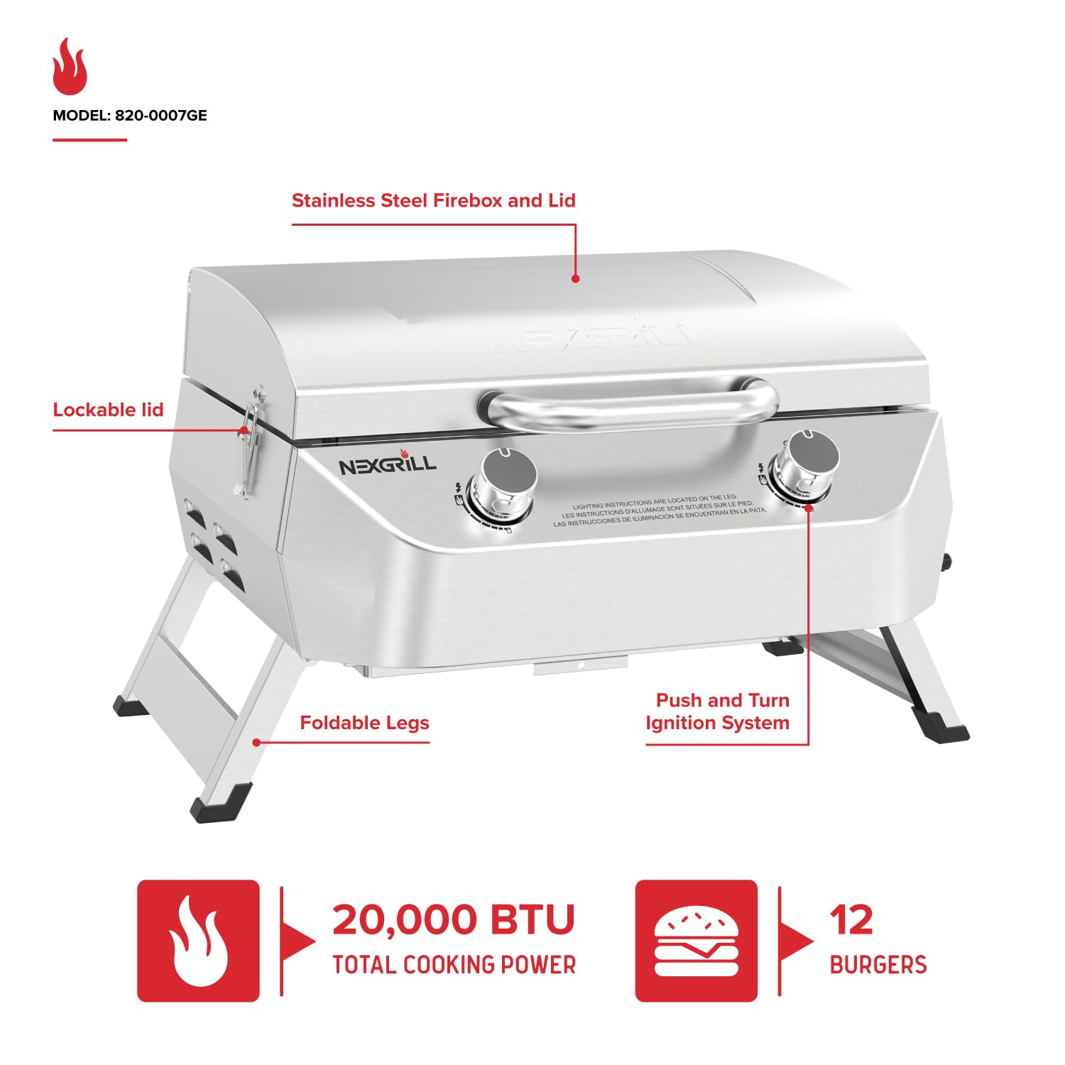 Nexgrill Stainless Steel 2-Burner Portable Gas Grill with Locking Lid, Folding Legs, 20,000 BTUs, 251 SQ In Cooking Space, Tabletop Grill for Camping, Outdoor Cooking, Patios, and More - 820-0007GE - CookCave