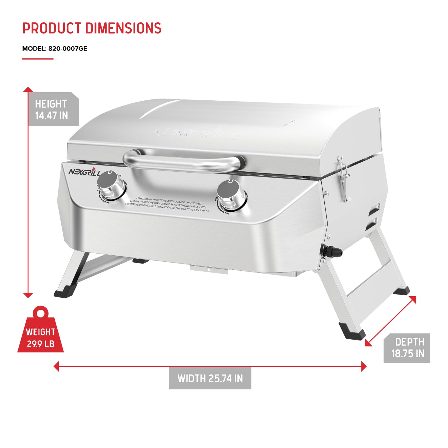 Nexgrill Stainless Steel 2-Burner Portable Gas Grill with Locking Lid, Folding Legs, 20,000 BTUs, 251 SQ In Cooking Space, Tabletop Grill for Camping, Outdoor Cooking, Patios, and More - 820-0007GE - CookCave