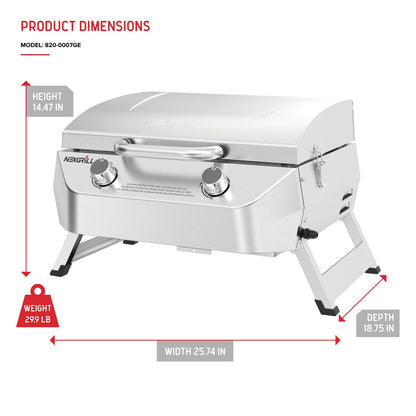 Nexgrill Stainless Steel 2-Burner Portable Gas Grill with Locking Lid, Folding Legs, 20,000 BTUs, 251 SQ In Cooking Space, Tabletop Grill for Camping, Outdoor Cooking, Patios, and More - 820-0007GE - CookCave