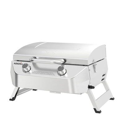 Nexgrill Stainless Steel 2-Burner Portable Gas Grill with Locking Lid, Folding Legs, 20,000 BTUs, 251 SQ In Cooking Space, Tabletop Grill for Camping, Outdoor Cooking, Patios, and More - 820-0007GE - CookCave