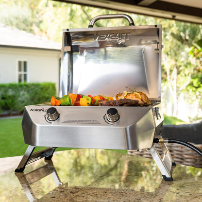 Nexgrill Stainless Steel 2-Burner Portable Gas Grill with Locking Lid, Folding Legs, 20,000 BTUs, 251 SQ In Cooking Space, Tabletop Grill for Camping, Outdoor Cooking, Patios, and More - 820-0007GE - CookCave