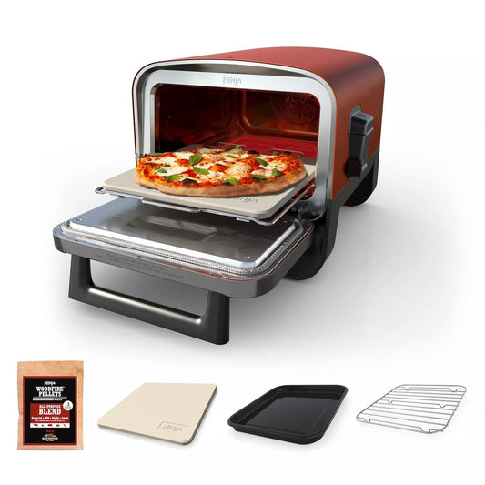 Ninja Woodfire Outdoor Pizza Oven, 8-in-1 Portable Electric Roaster Oven, Heats up to 700°F, 5 Artisan Pizza Settings, Integrated BBQ Smoker Box, Includes Flavored Wood Pellets, Red (Renewed) - CookCave