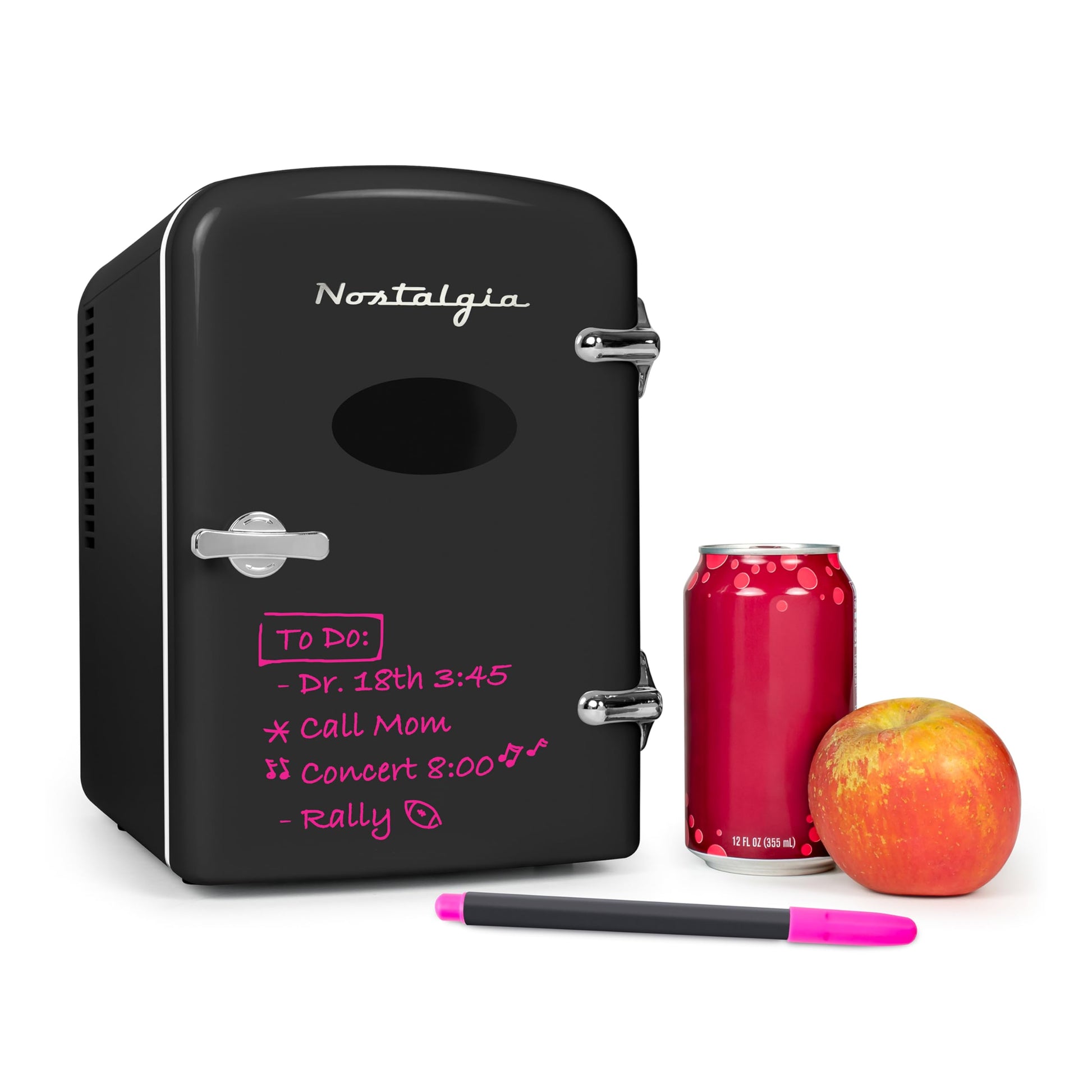 Nostalgia Retro 6-Can Personal Cooling and Heating Mini Refrigerator with Eraser Board Door Carry Handle and Display Window for Home, Office, Car, Boat or Dorm Room, Black - CookCave