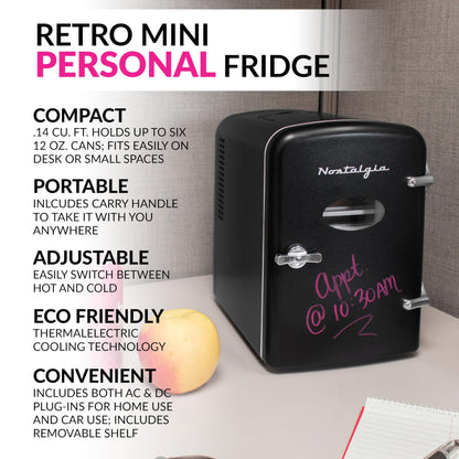 Nostalgia Retro 6-Can Personal Cooling and Heating Mini Refrigerator with Eraser Board Door Carry Handle and Display Window for Home, Office, Car, Boat or Dorm Room, Black - CookCave