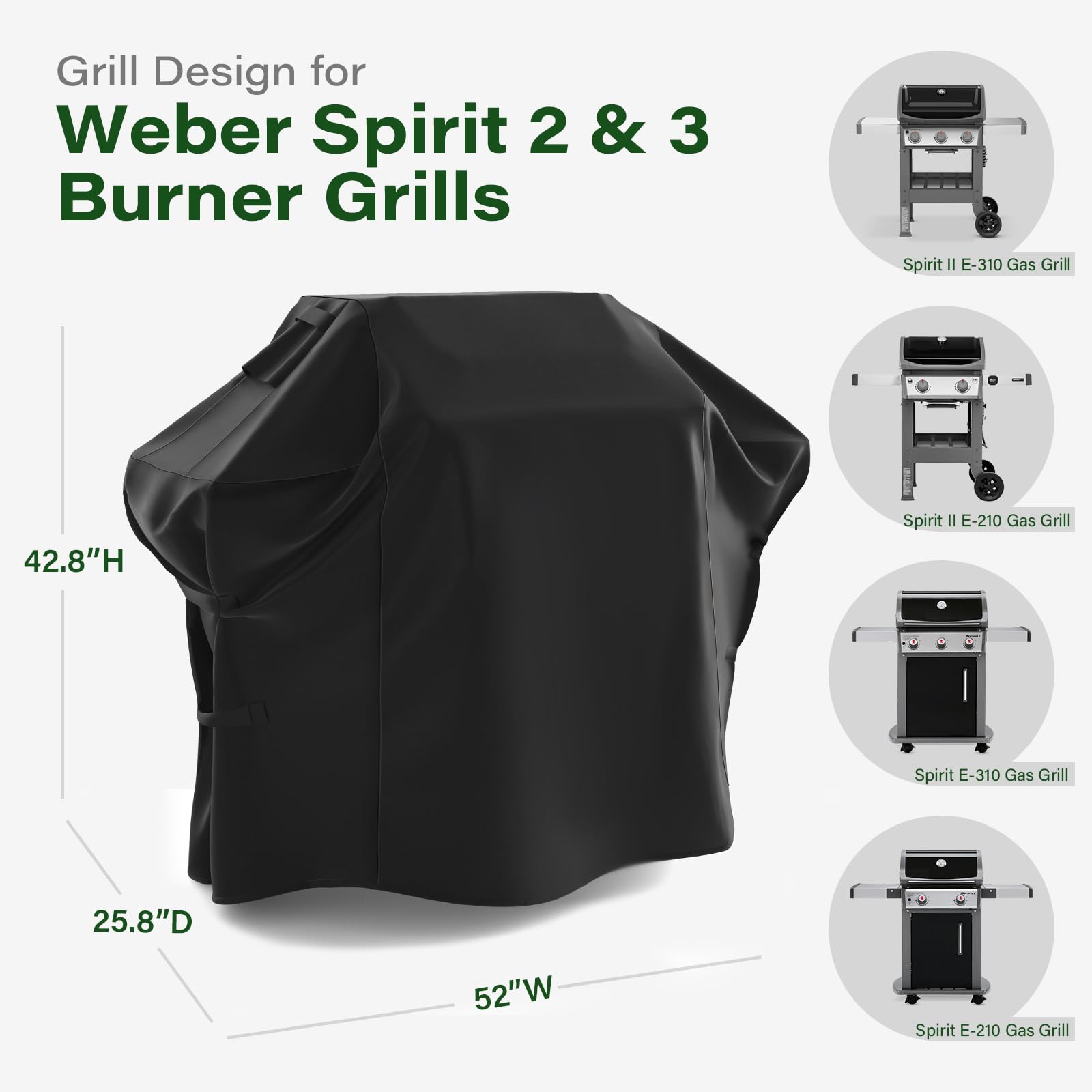 NUPICK 7106 Grill Cover for Weber Spirit 2-300 & Spirit II 200/300 Series - 52 inch Heavy Duty BBQ Cover, Storm-Proof PVC Material, UV & Fade Resistant, Double Straps & Air Vents - CookCave