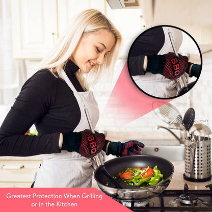 NutriChef BBQ Gloves - 1472°F Heat Resistant, Fireproof Mitts with Non-Slip Silicone Grip, Perfect for Barbecue, Grilling, Cooking, Baking & Camping, 14-inch, Food Grade, Washable Kitchen Oven Mitts - CookCave