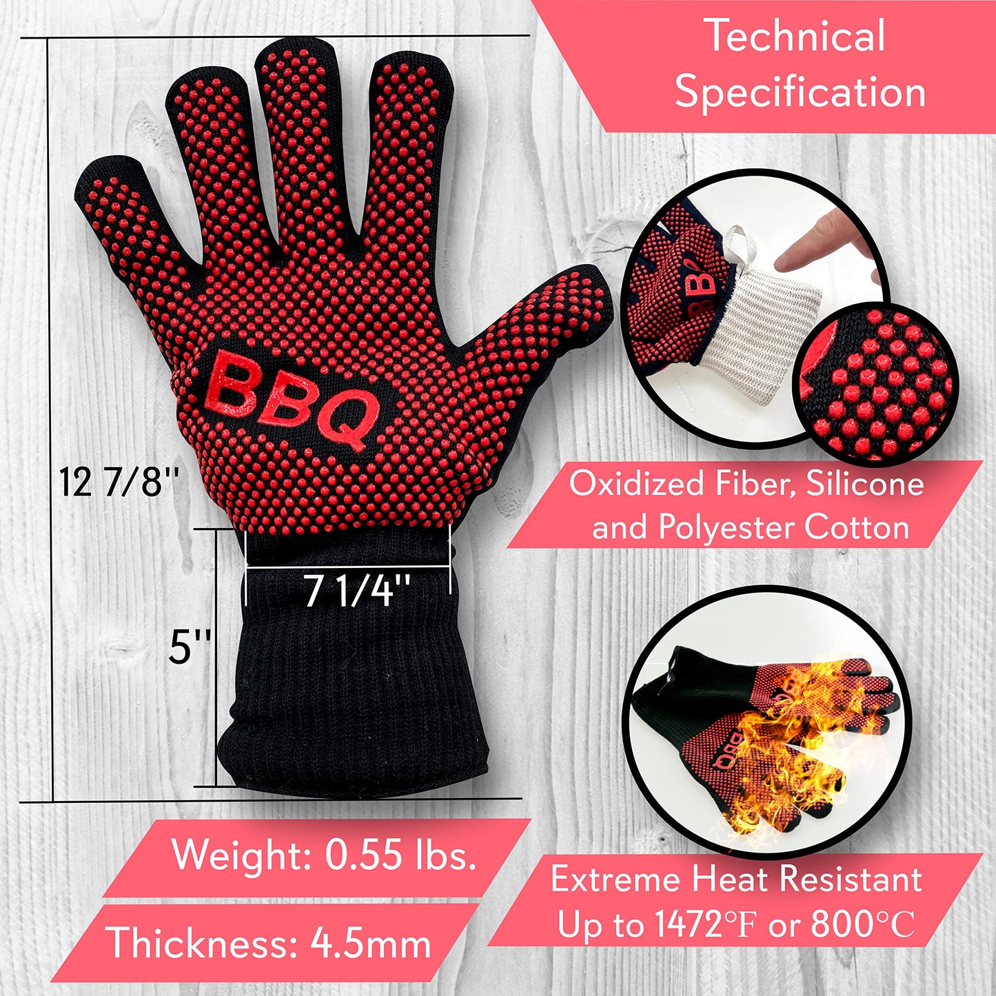 NutriChef BBQ Gloves - 1472°F Heat Resistant, Fireproof Mitts with Non-Slip Silicone Grip, Perfect for Barbecue, Grilling, Cooking, Baking & Camping, 14-inch, Food Grade, Washable Kitchen Oven Mitts - CookCave